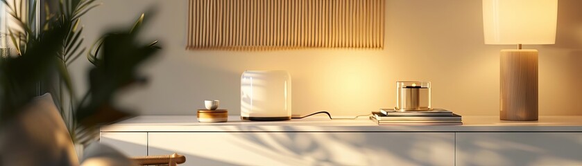 Minimalist living room with a lamp, a plant and sunlight.