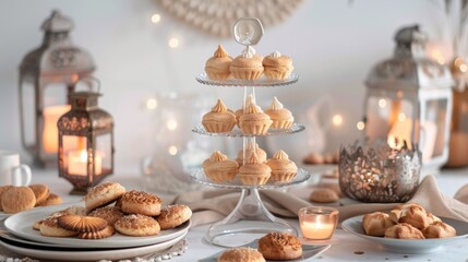 Naklejka premium Elegant Dessert Table with Lanterns and Cookies, Generative AI