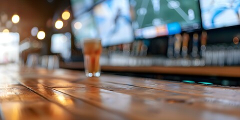 Empty wooden counter with blurred TV screens showing sports in the background. Concept TV screens, Sports, Wooden counter, Blurred background, Interior design