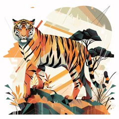 Tiger standing on a rock with abstract foliage background. Digital illustration with geometric shapes and patterns.