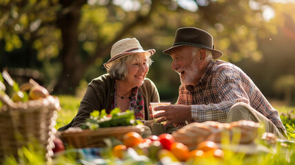 An old man and a woman are sitting in the grass with vegetables and a lunch dish, under the shade of a large oak tree, the atmosphere filled with the sounds of nature and the scent of fresh produce.