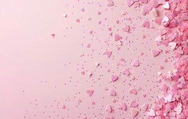 Naklejka premium Pink background with small pink hearts and confetti on the right side, flat lay, copy space concept for Valentine's Day card or wedding invitation template background