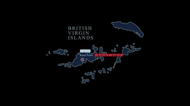 Stylized British Virgin Islands map with Road Town capital city and geographic coordinates on black background. Motion graphic vfx digital animation