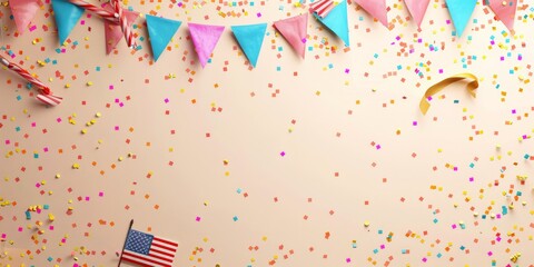 Obraz premium American flags and confetti hanging on strings against a bokeh-filled background, symbolizing a festive patriotic celebration.