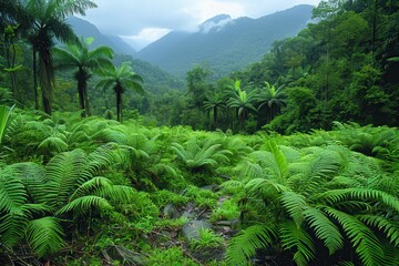 Fototapeta premium A dense rainforest with a diverse range of flora and fauna, showing the richness of biodiverse habitats. 