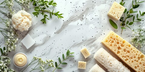 Flat lay of various white and beige spa items including brushes, soaps, and sponges on a light background, emphasizing cleanliness and relaxation.