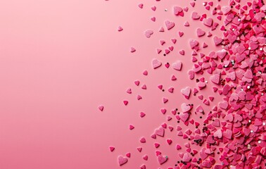 Naklejka premium Pink background with tiny pink confetti hearts on the left side, minimalistic, copy space for text in right corner
