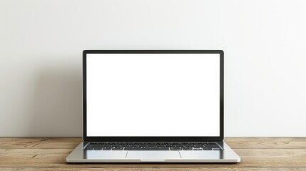Fototapeta premium Minimalist laptop setup on wooden table with blank wall, displaying single open document on screen
