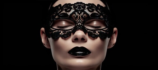 Mysterious young woman in black lace mask close up, exuding intrigue on dark background © Andrei