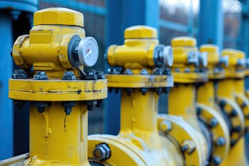 Yellow gas stalks with blue metal components. Gauge. Yellow gas meters on the industrial gate. Industry. Pipe. Refinery. Oil pumps. Energy resources. A row of similar gas pipes. Industrial plant