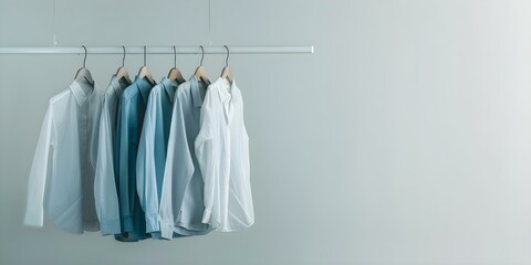 Hang dry-cleaned clothes against a light background. Concept Laundry tips, Clothing care, Hanging clothes, Dry cleaning, Light background