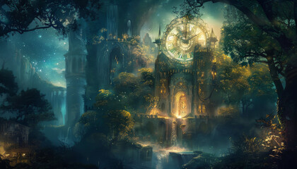Obraz premium A fantasy scene with a castle and a clock tower by AI generated image