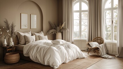 Cozy bedroom with white bedding, wooden furniture, indoor plants, and large window.