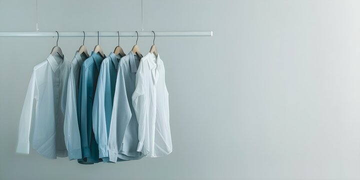 Hang dry-cleaned clothes against a light background. Concept Laundry tips, Clothing care, Hanging clothes, Dry cleaning, Light background