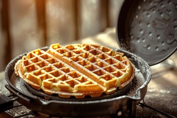 A single waffle sits on top of a pan on top of a stove, ready to be cooked