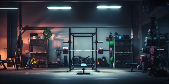 Urban Fitness Neon-Lit Gym with Squat Rack and Barbell Set. Concept Fitness, Gym Equipment, Urban Lifestyle, Neon Lights, Weightlifting