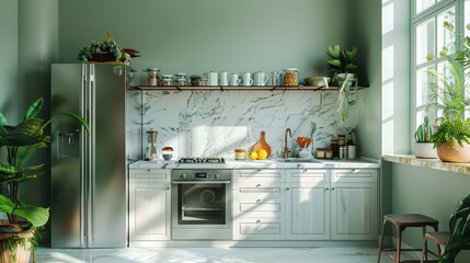 A compact yet elegant kitchenette with all-white cabinetry, marble countertops and minimal decor. 