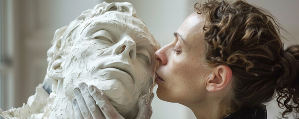 An artist sculpting a life-sized statue of a famous historical figure, using traditional sculpting...