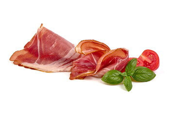 Delicious Serrano ham, cured jamon iberico, isolated on white background.