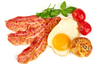 Fried pork bacon, isolated on white background.