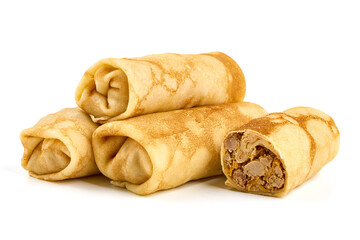 Fried Savory pancake rolls stuffed with ground meat, isolated on white background. High resolution image.