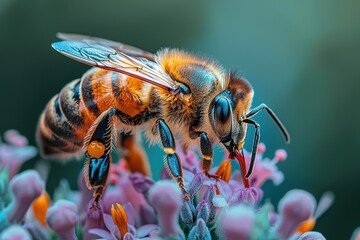 Fototapeta premium A detailed shot of a bee pollinating a flower, highlighting the importance of pollinators in ecosystems. 