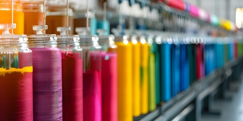 Textile Facility Utilizing Vibrant Colors for Dyeing and Printing Rolls. Concept Fabric Dyeing, Textile Printing, Colorful Rolls, Vibrant Textiles, Fabric Manufacturing