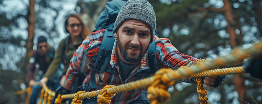 A group of coworkers participating in a team-building exercise, navigating an obstacle course together.