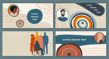 Diversity equality inclusion belonging. Group of multicultural men and women. Silhouette people of diverse cultures. DEIB concept. Editable brochure template flyer leaflet cover poster