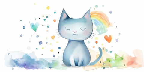 A funny cat in a magical and dreamy setting with a rainbow, surrounded by lovely and whimsical details.