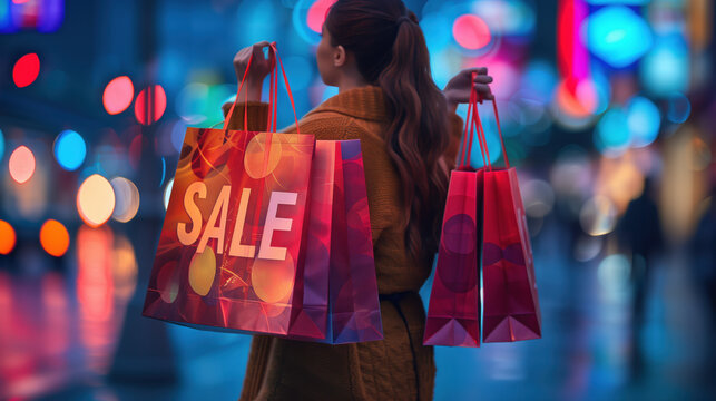 Close up shopping bag with SALE text on the bag with shopping mall background.