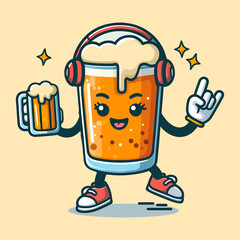 beer groovy style cute cartoon character with face, arms and legs, vector illustration