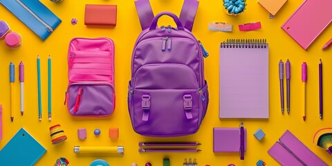 A purple backpack with various colorful school supplies and decorations on a bright yellow background, ready for a new school year.