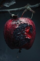 A close-up shot of a rotten apple with water droplets on its surface, perfect for use in food or nature-themed projects