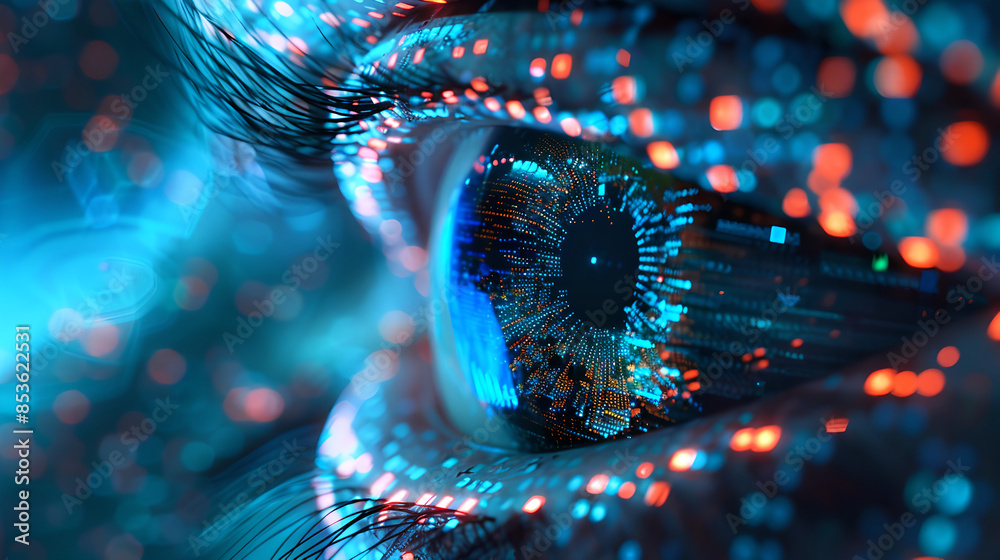 Poster The eye of the world peers into the complexity of digital ethics, where artificial intelligence and coding intertwine in a futuristic landscape of data and technology.