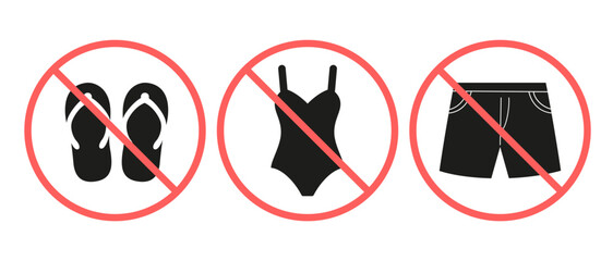 No sandals, no swimsuit, no trunks signs. Prohibition sign in red crossed circle