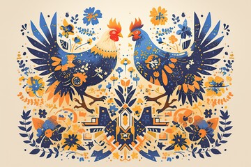 A symmetrical design with chicken motifs in the style of Scandinavian folk art on a cream background.