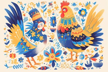 A symmetrical design with chicken motifs in the style of Scandinavian folk art on a cream background.