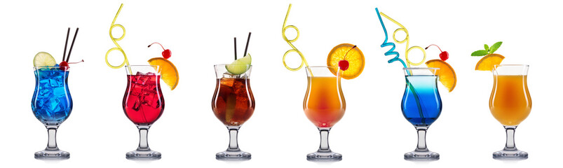Set of cocktails with decoration from fruits isolated on white background