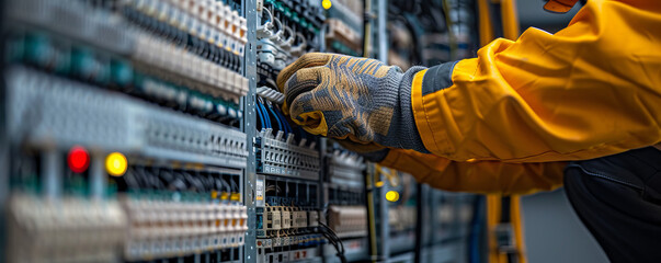 An electrician installing wiring and electrical systems in a commercial building.