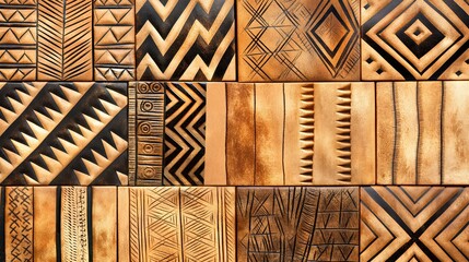 Collection of wooden tiles with various African Himba tribal patterns, including zigzags, lines, and geometric shapes in brown and black..