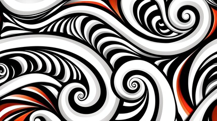 Dynamic abstract Maori tribal pattern with flowing lines and curves in black, white, and red, showcasing movement and fluidity in design..