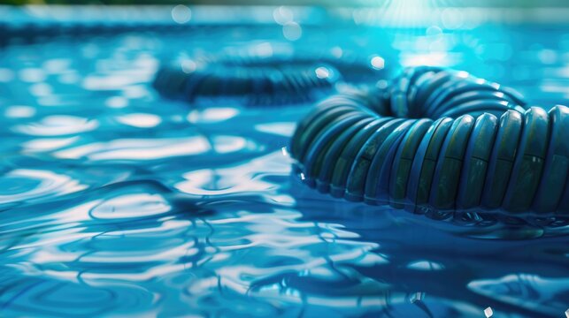 A blue pool with a hose installed for easy filling or draining