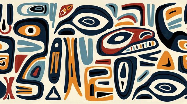 Abstract ethnic Inuit tribal pattern with stylized eyes, faces, and shapes in blue, orange, and red on a cream background, evoking a sense of mysticism..