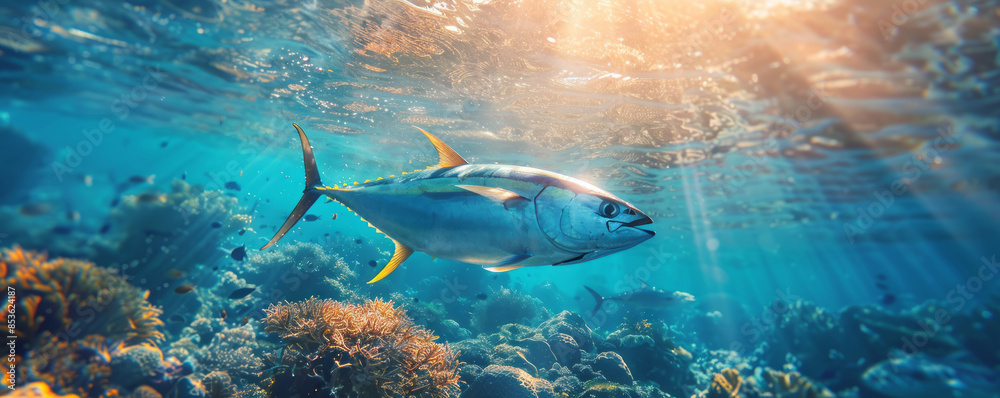 Wall mural Blue fin tuna fish swimming in clear ocean water.