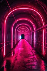 Obraz premium A dark tunnel with a faint red light at the end