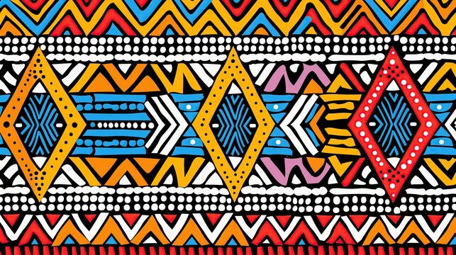 Colorful ethnic Zulu pattern with zigzag lines and diamond shapes in yellow, red, blue, and white, featuring bold and vibrant designs..