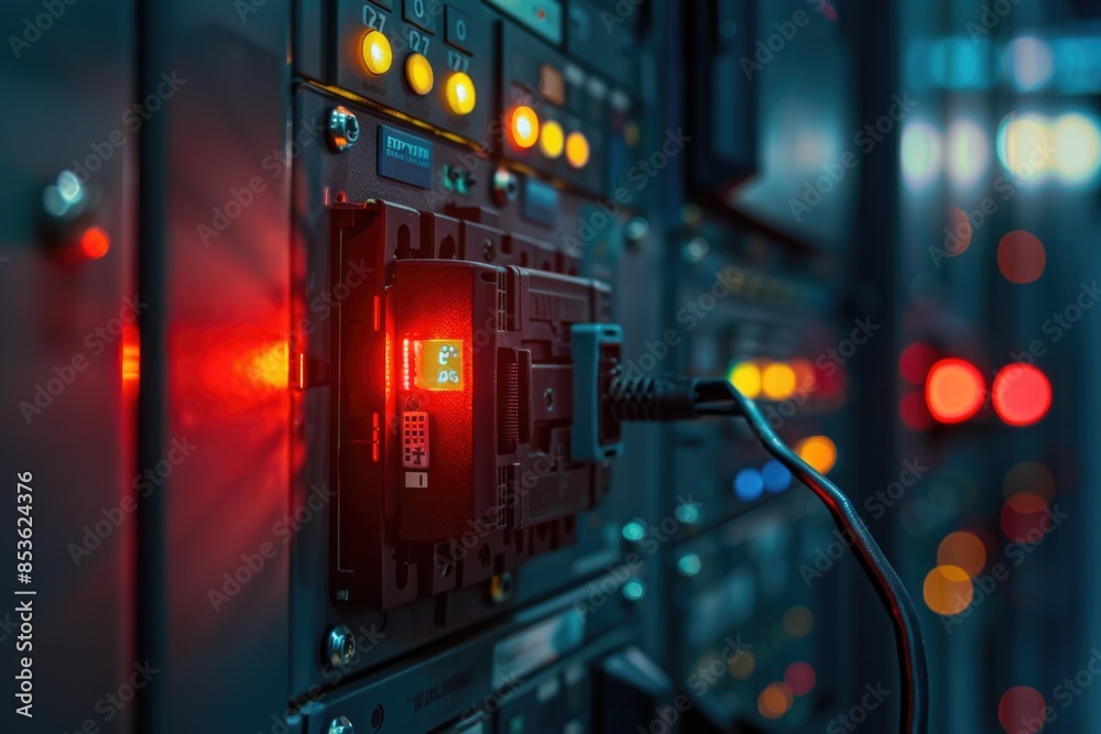 Poster a close-up view of a red light indicator on a switch, suitable for use in technology or electronics-