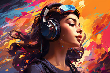 Naklejka premium Stunning illustration of a teenage girl immersed in a virtual reality world with music, highlighting her isolated yet captivating presence.