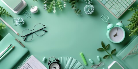 Minimalist arrangement of green-themed stationery items, glasses, and plants on a light green background, creating a serene and organized study environment.